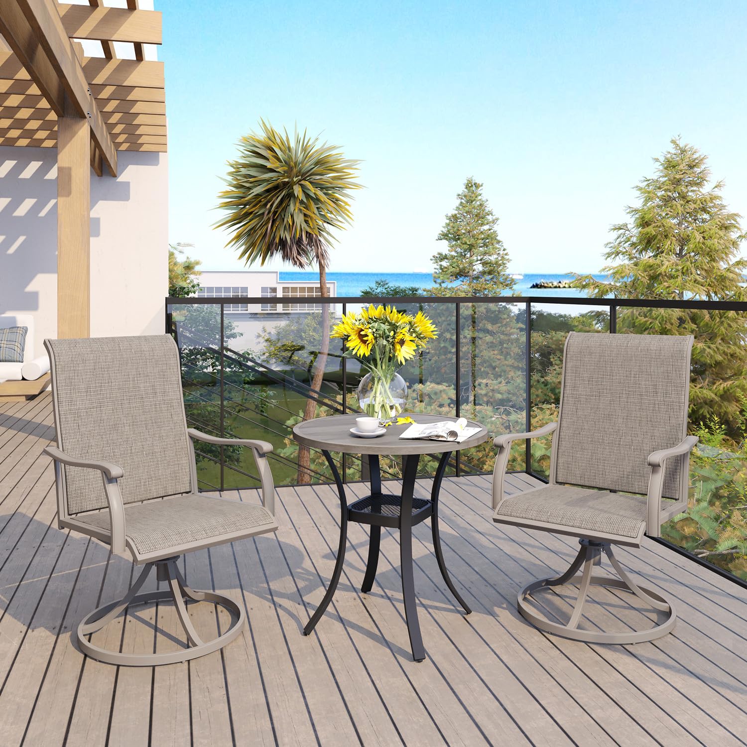 Vicllax 27.5' Outdoor Round Patio Table For Lawn Garden, All Weather Metal Round Patio Dining Table With Storage Shelf, 2 Person Small Patio Table, Grey Wood-Like Tabletop